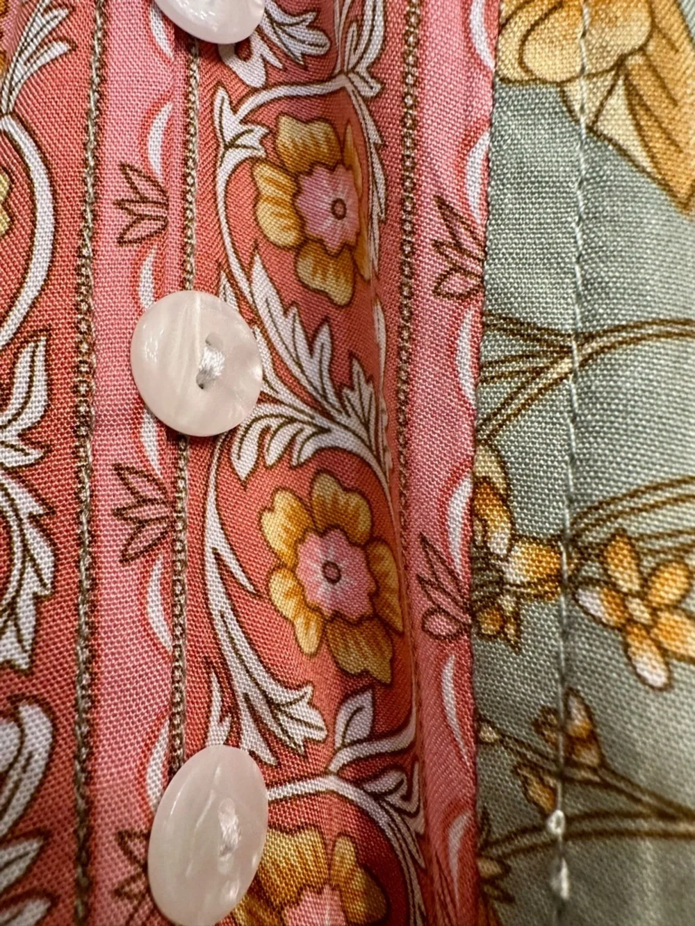 Boho Floral Midi Dress Sage Green Pink Border Print Button Front Size M NWT - Picture 6 of 15